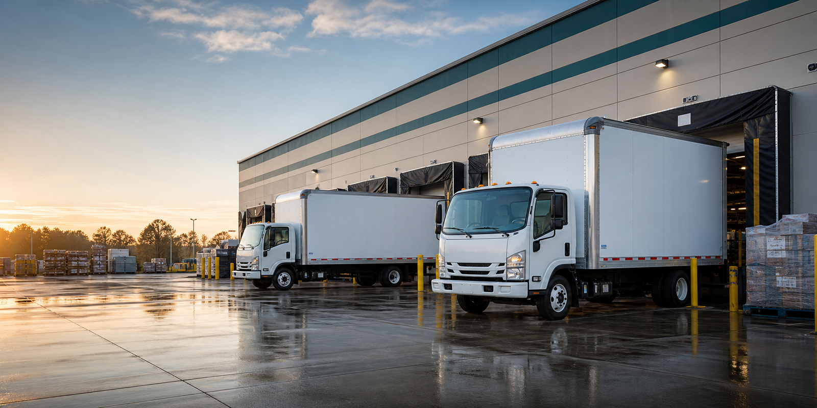 Straight trucks positioned at a modern freight dock